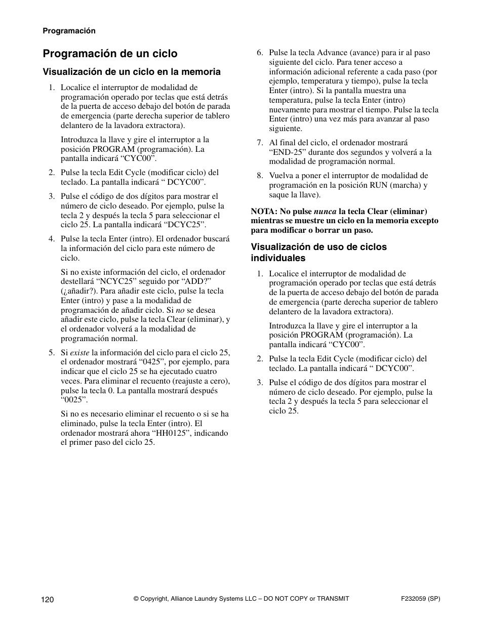 Programación de un ciclo | Alliance Laundry Systems UF35PV User Manual | Page 122 / 162