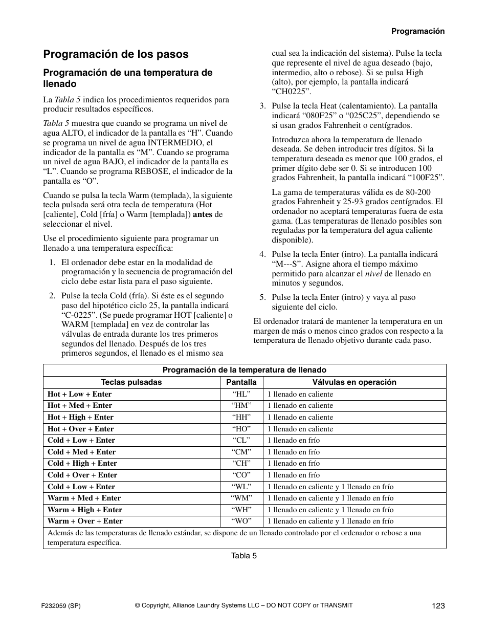 Programación de los pasos | Alliance Laundry Systems UF35PV User Manual | Page 125 / 162