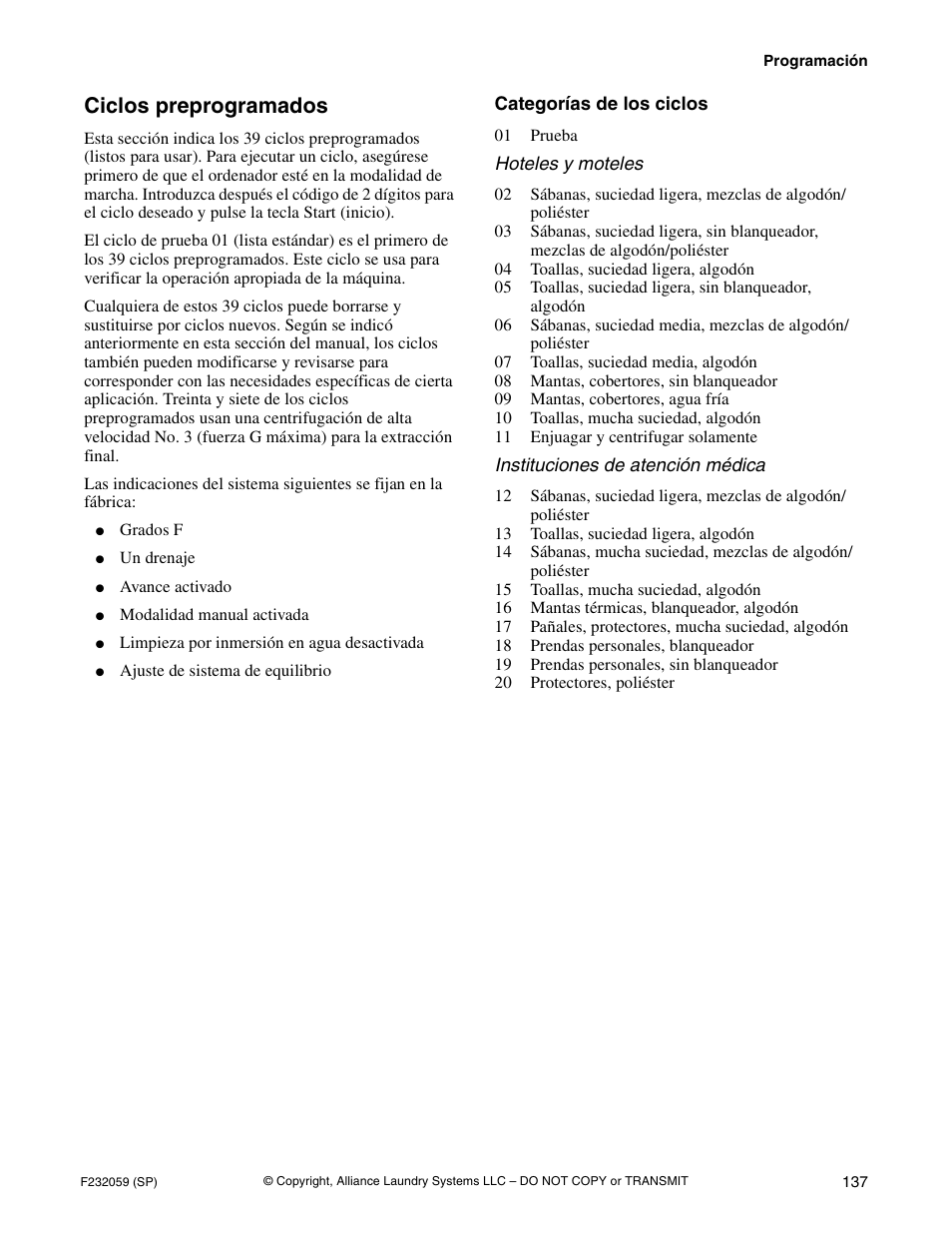 Ciclos preprogramados | Alliance Laundry Systems UF35PV User Manual | Page 139 / 162