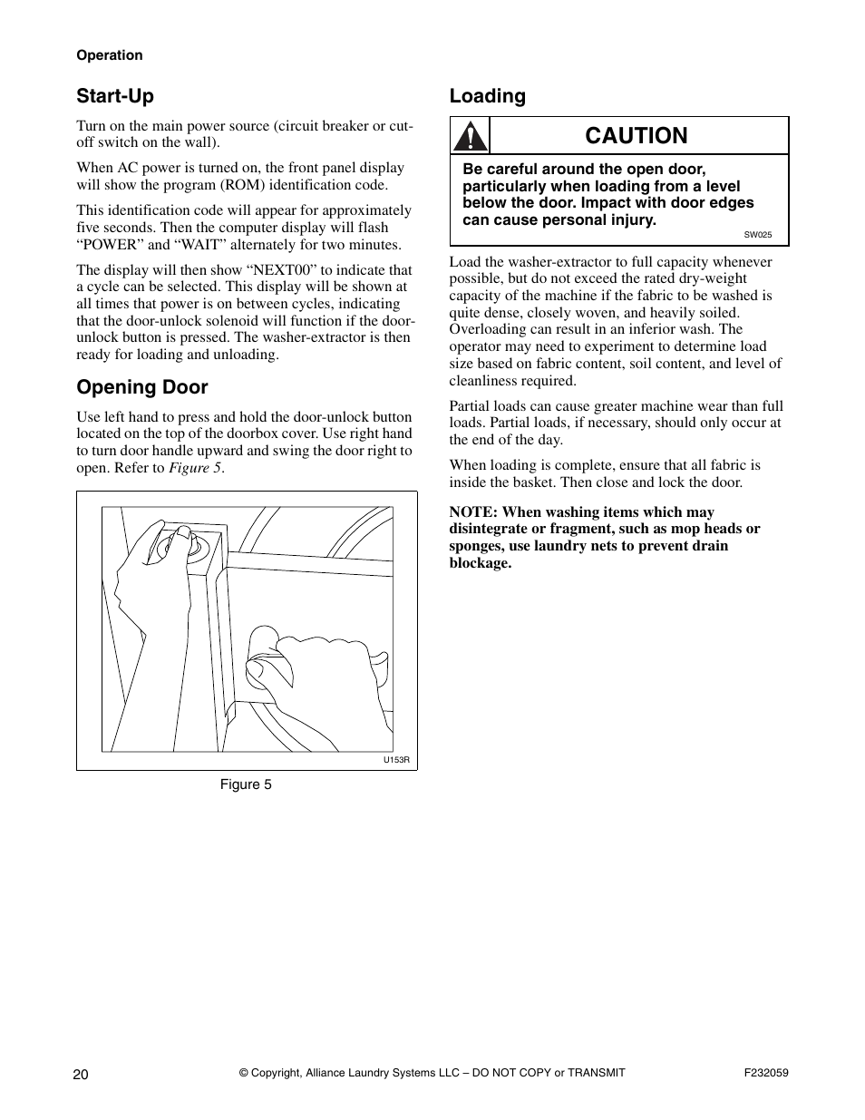 Caution, Start-up, Opening door | Loading | Alliance Laundry Systems UF35PV User Manual | Page 22 / 162