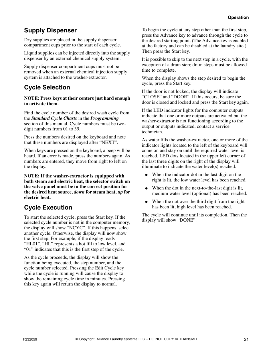 Supply dispenser, Cycle selection, Cycle execution | Alliance Laundry Systems UF35PV User Manual | Page 23 / 162