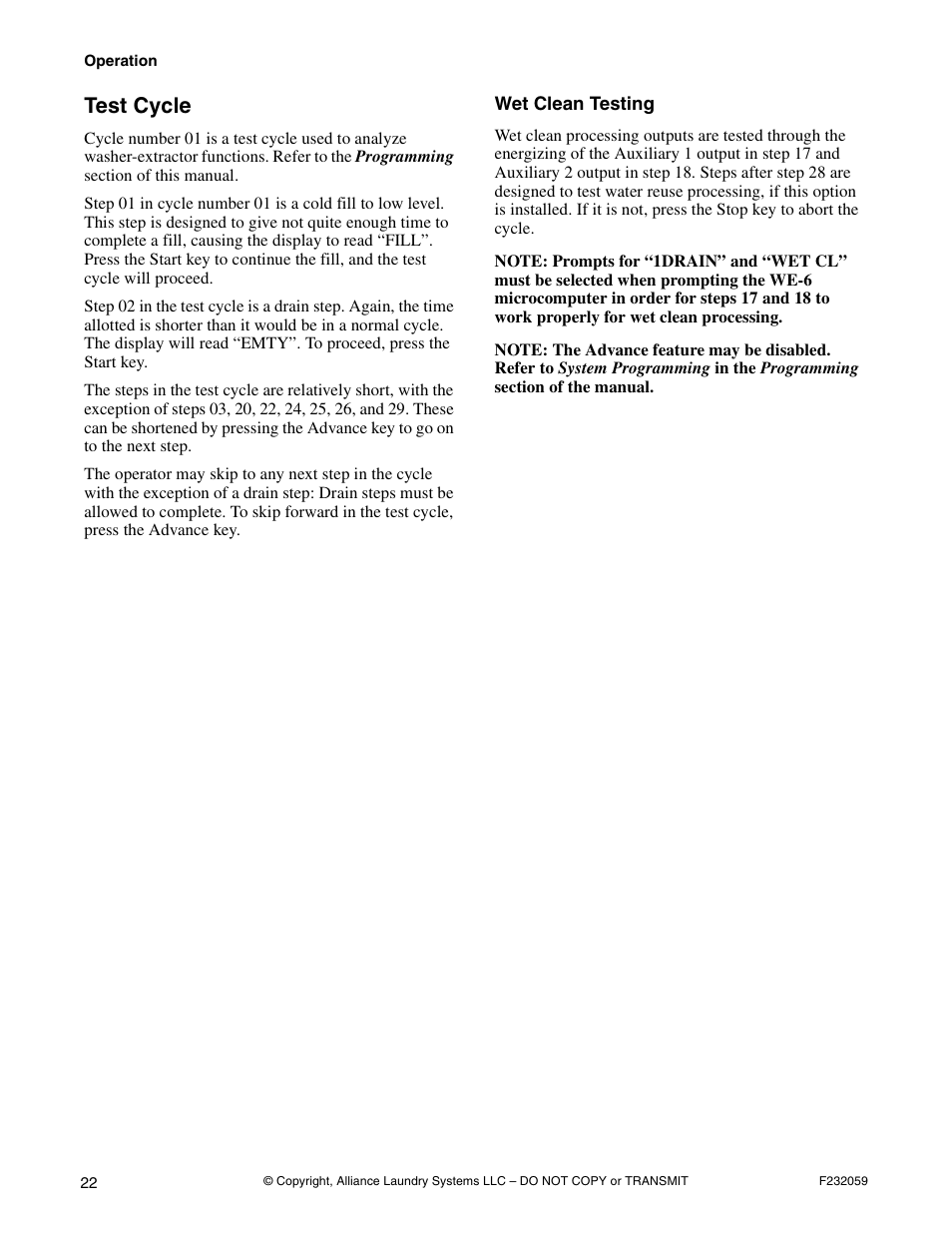 Test cycle | Alliance Laundry Systems UF35PV User Manual | Page 24 / 162