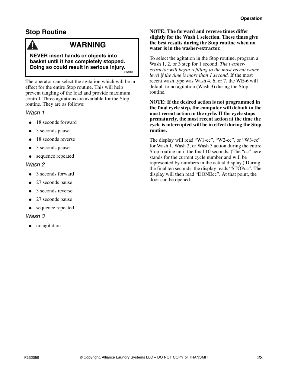 Warning, Stop routine | Alliance Laundry Systems UF35PV User Manual | Page 25 / 162