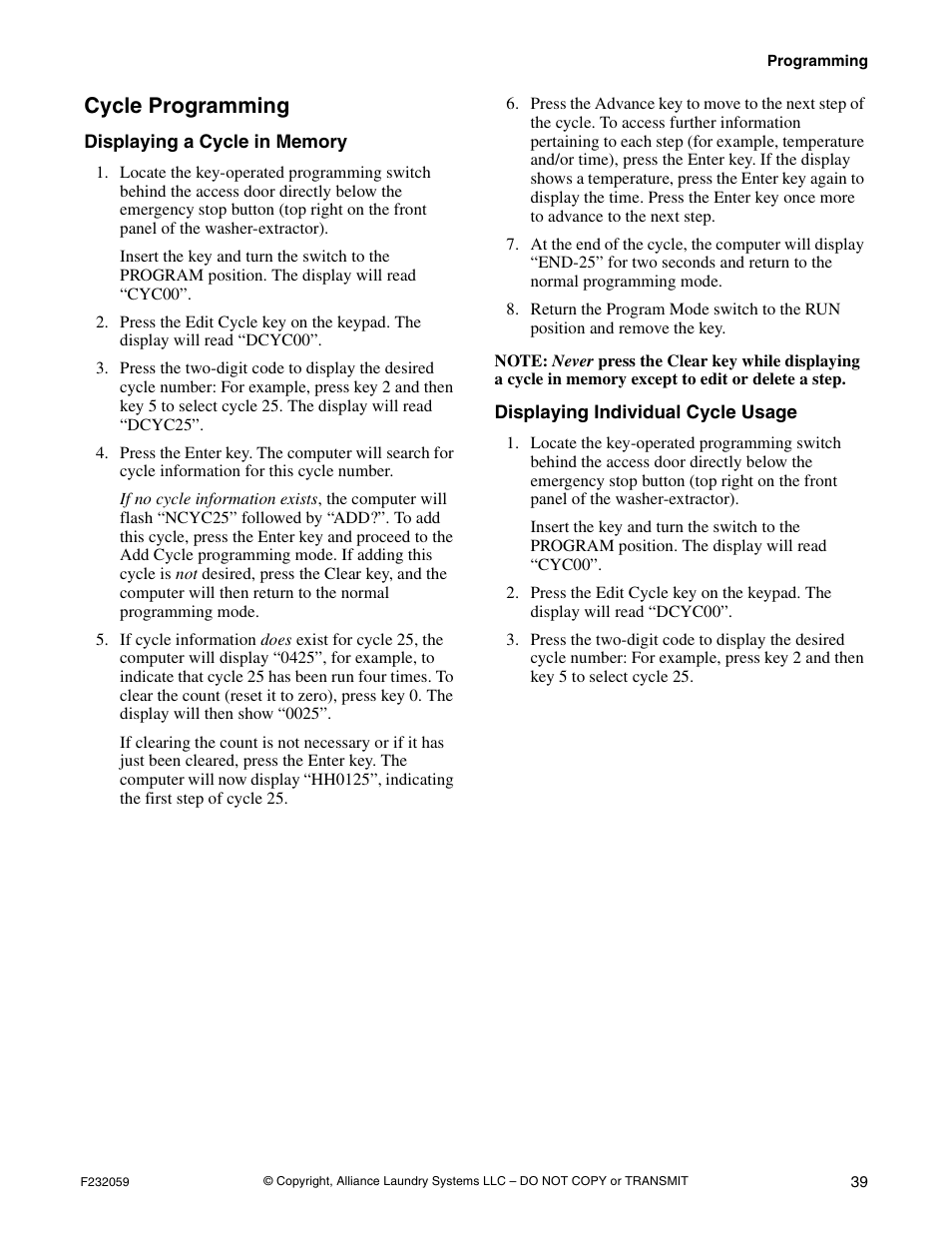 Cycle programming | Alliance Laundry Systems UF35PV User Manual | Page 41 / 162