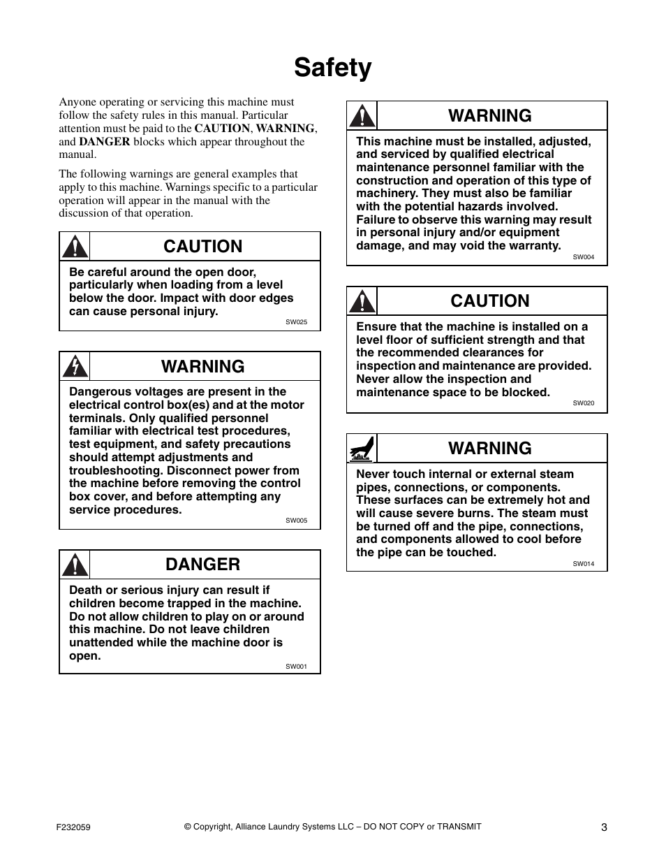 Safety, Caution, Warning | Danger | Alliance Laundry Systems UF35PV User Manual | Page 5 / 162