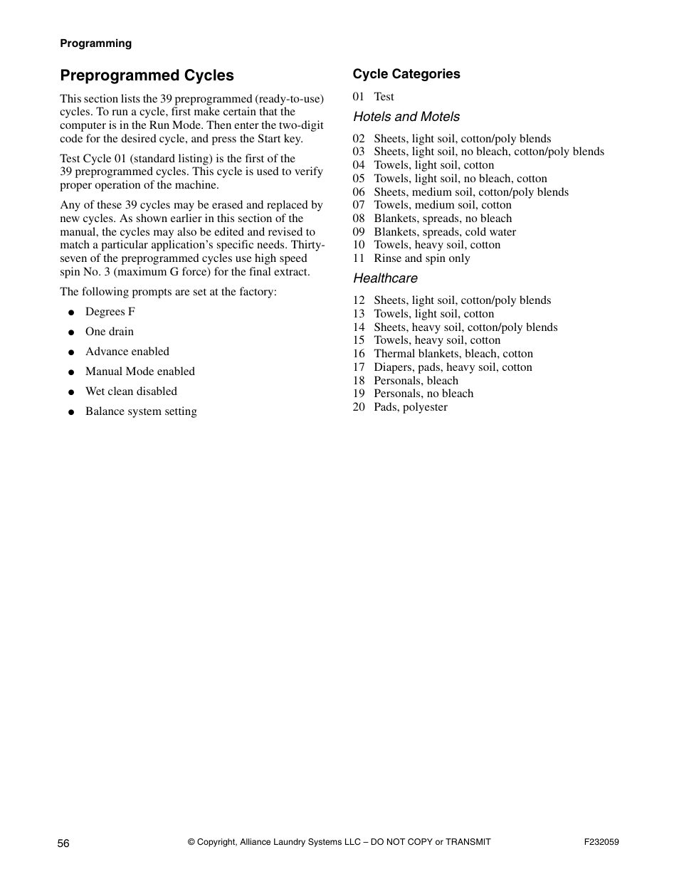 Preprogrammed cycles | Alliance Laundry Systems UF35PV User Manual | Page 58 / 162