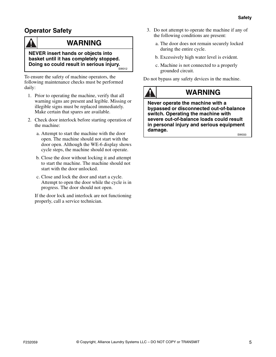 Warning, Operator safety | Alliance Laundry Systems UF35PV User Manual | Page 7 / 162