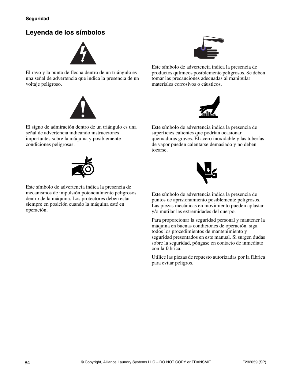 Leyenda de los símbolos | Alliance Laundry Systems UF35PV User Manual | Page 86 / 162