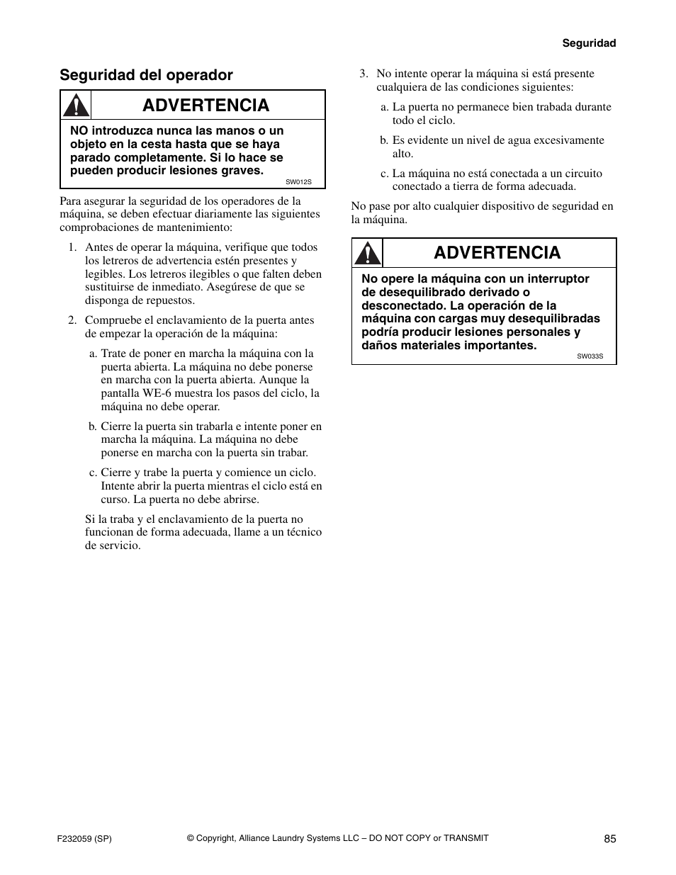 Advertencia, Seguridad del operador | Alliance Laundry Systems UF35PV User Manual | Page 87 / 162