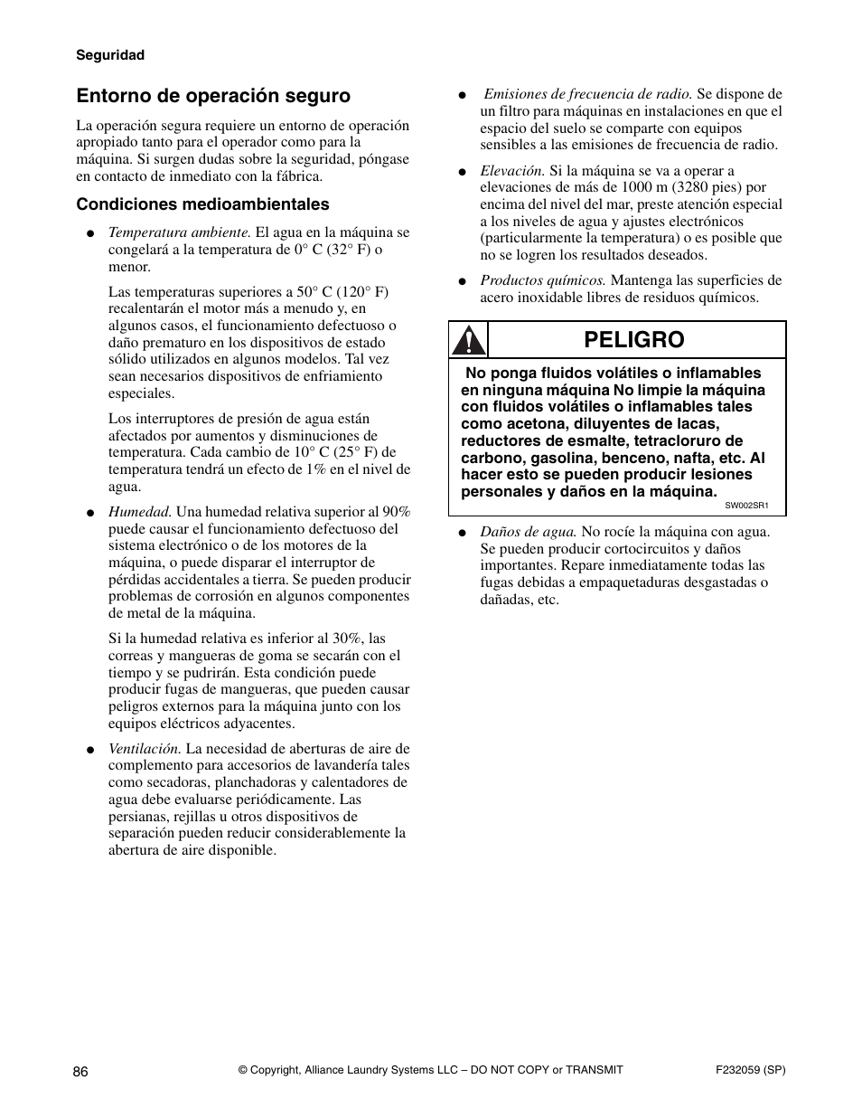 Peligro, Entorno de operación seguro | Alliance Laundry Systems UF35PV User Manual | Page 88 / 162