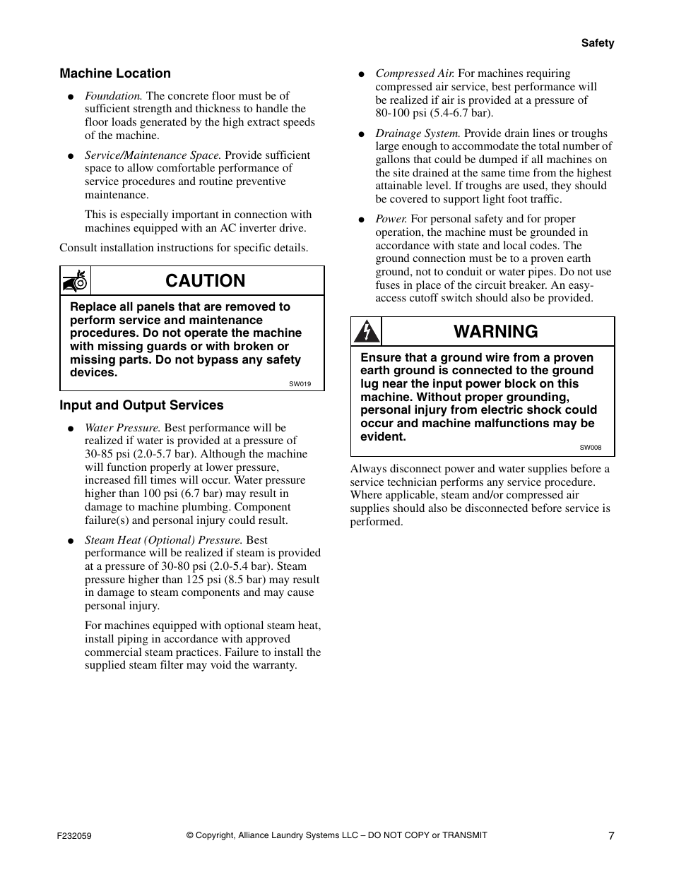 Caution, Warning | Alliance Laundry Systems UF35PV User Manual | Page 9 / 162