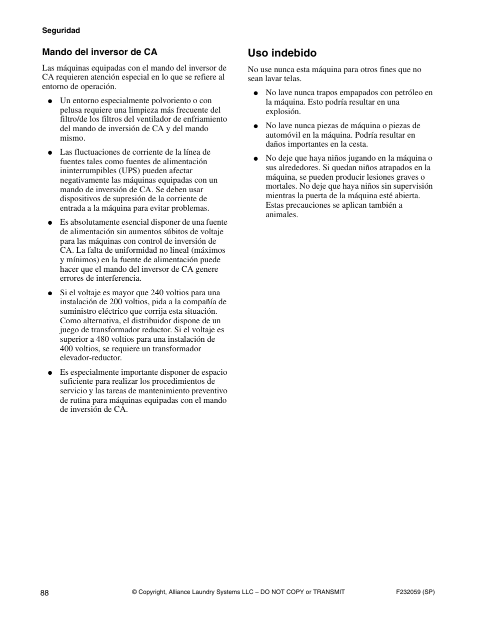 Uso indebido, Mando del inversor de ca | Alliance Laundry Systems UF35PV User Manual | Page 90 / 162