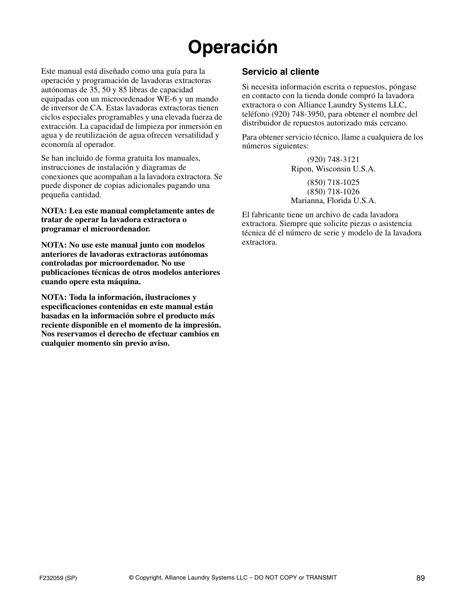 Operación | Alliance Laundry Systems UF35PV User Manual | Page 91 / 162