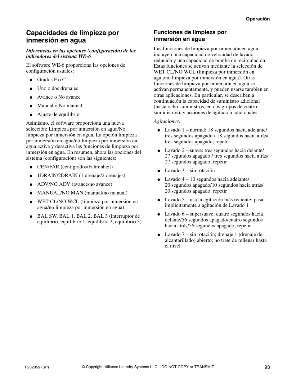 Capacidades de limpieza por inmersión en agua, Funciones de limpieza por inmersión en agua | Alliance Laundry Systems UF35PV User Manual | Page 95 / 162