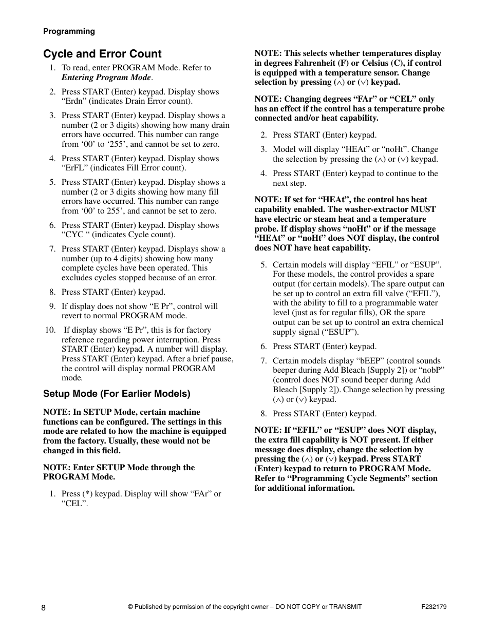 Cycle and error count, Setup mode (for earlier models) | Alliance Laundry Systems F232179R5 User Manual | Page 10 / 36