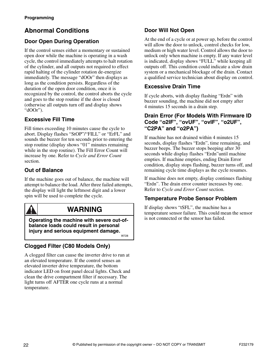 Abnormal conditions, O2uc”, “ouuc”, “o2hc” and “ouhc”), Temperature probe sensor problem | Warning | Alliance Laundry Systems F232179R5 User Manual | Page 24 / 36