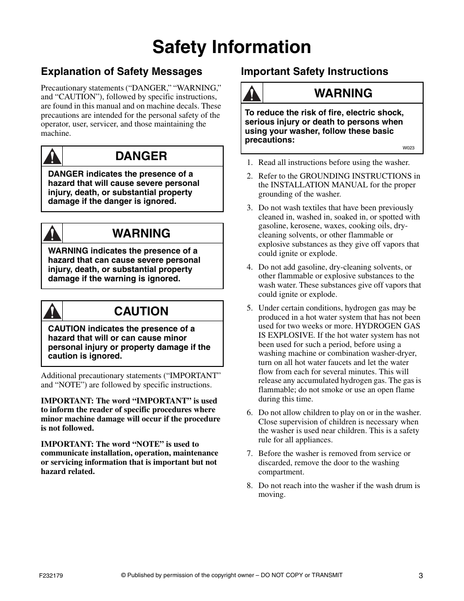 Safety information, Explanation of safety messages, Important safety instructions | Danger, Warning, Caution | Alliance Laundry Systems F232179R5 User Manual | Page 5 / 36