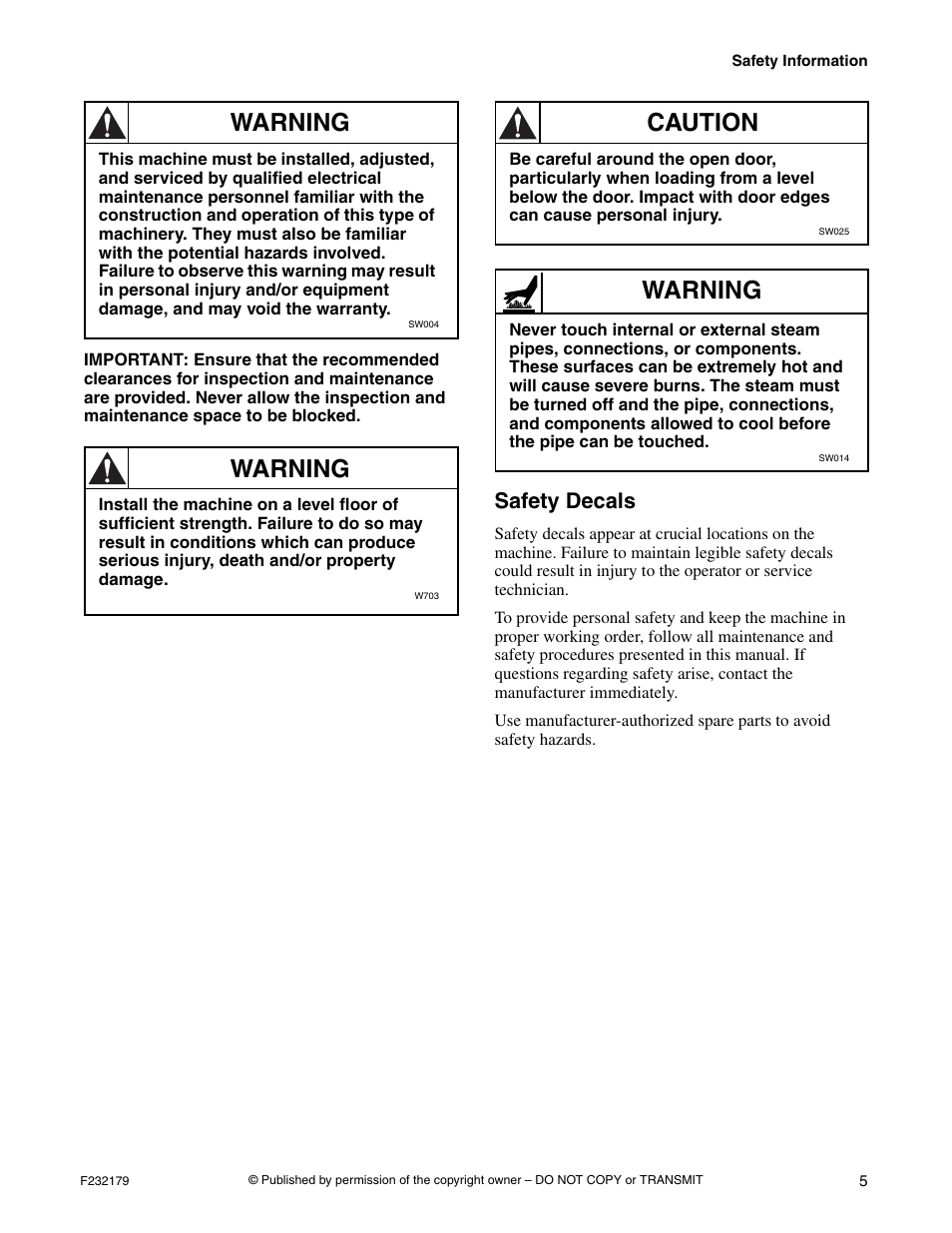 Warning, Caution, Safety decals | Alliance Laundry Systems F232179R5 User Manual | Page 7 / 36