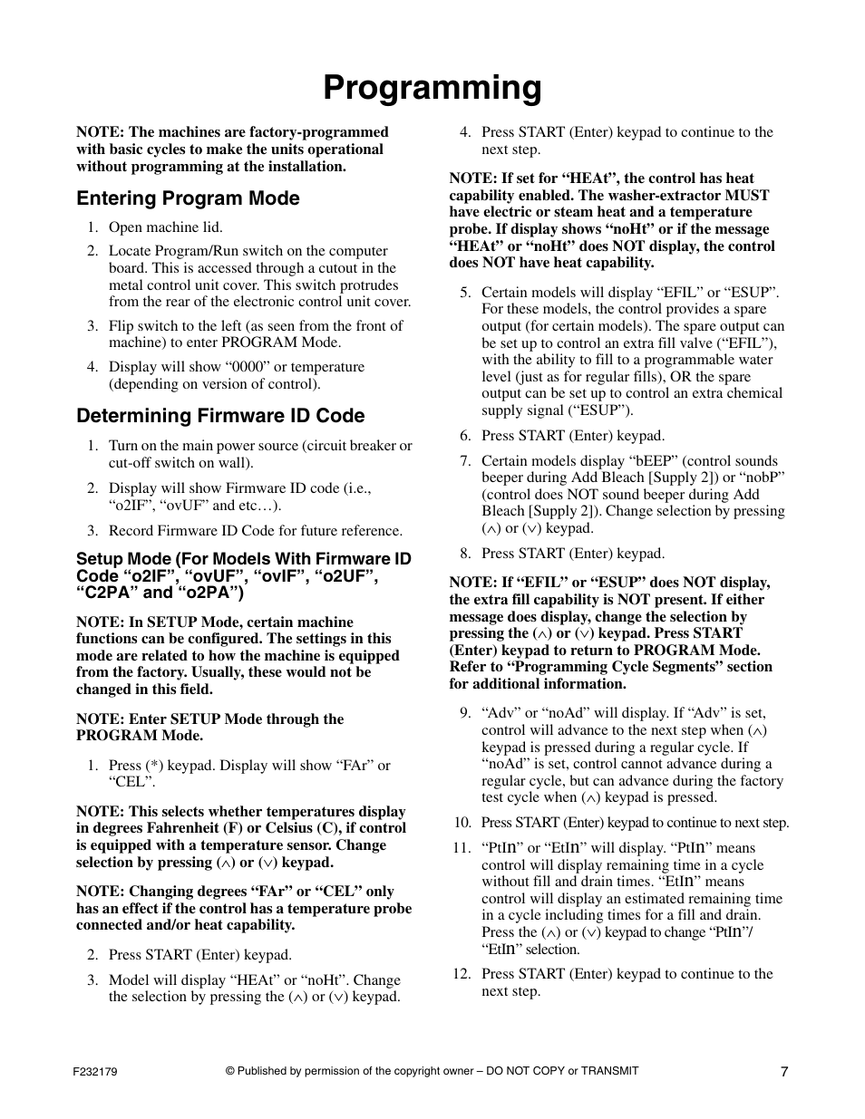 Entering program mode, Determining firmware id code, Setup mode (for models with firmware id code | O2uc”, “ouuc”, “o2hc” and “ouhc”), Programming | Alliance Laundry Systems F232179R5 User Manual | Page 9 / 36