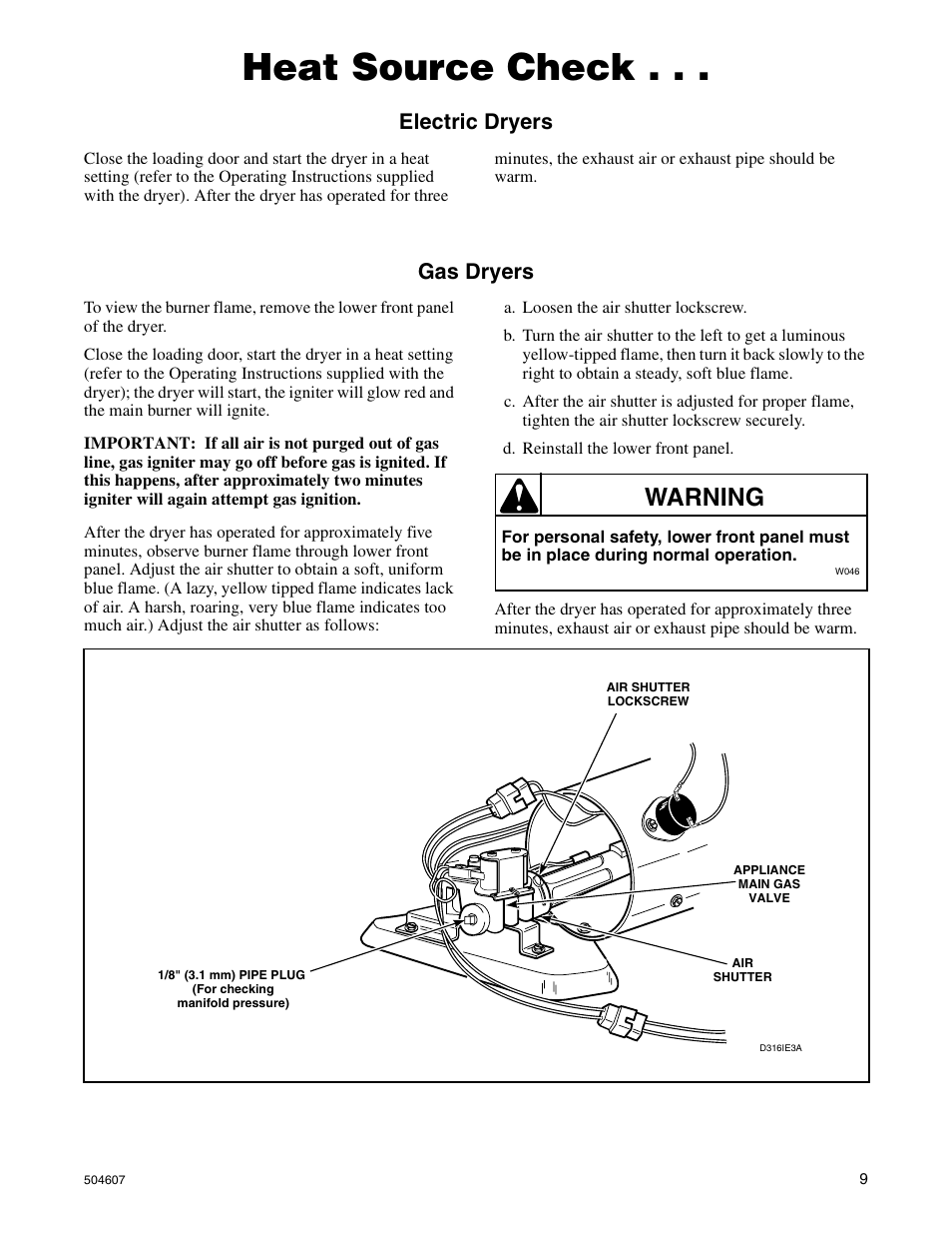 Heat source check, Warning, Electric dryers | Gas dryers | Alliance Laundry Systems LES37A User Manual | Page 11 / 52