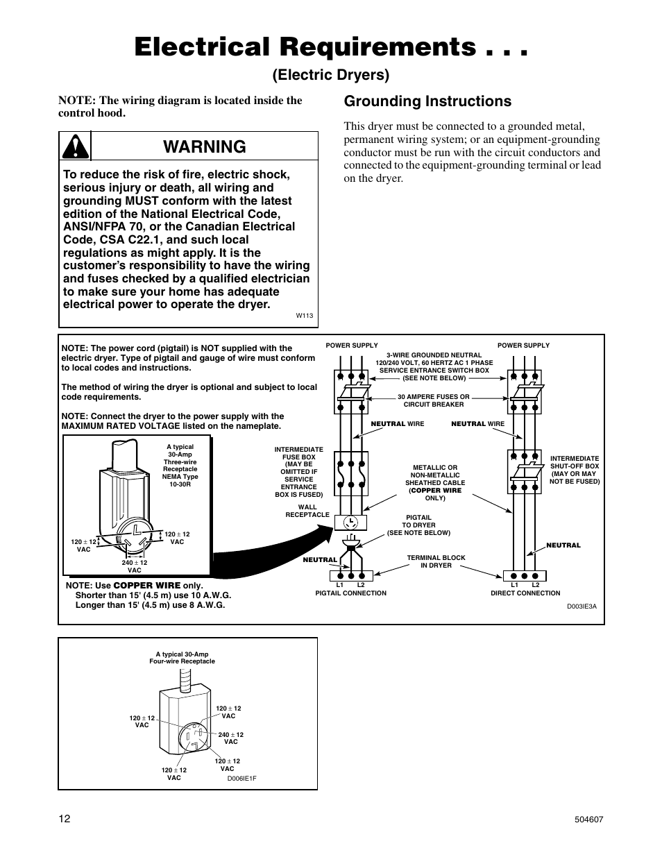 Electrical requirements, Warning, Electric dryers) | Grounding instructions | Alliance Laundry Systems LES37A User Manual | Page 14 / 52