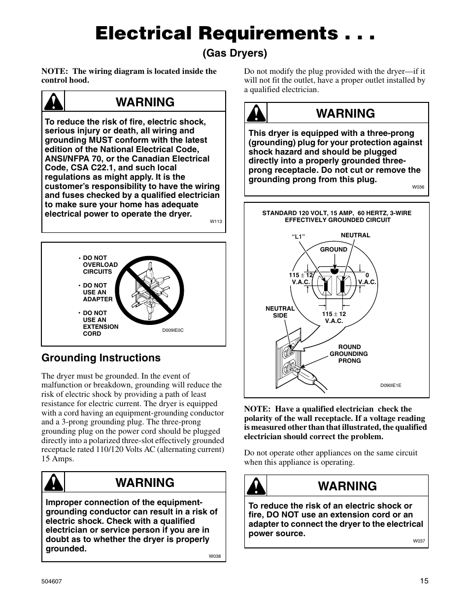 Electrical requirements, Warning, Gas dryers) | Grounding instructions | Alliance Laundry Systems LES37A User Manual | Page 17 / 52
