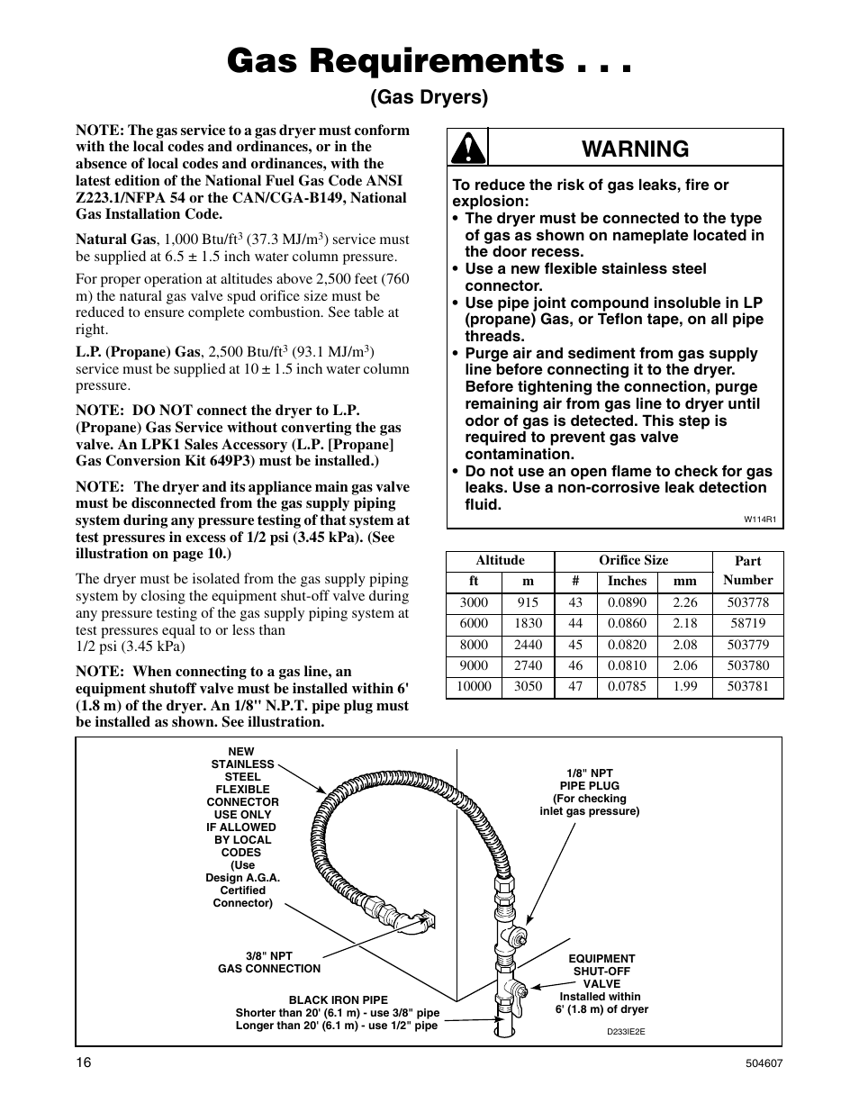 Gas requirements, Warning, Gas dryers) | Alliance Laundry Systems LES37A User Manual | Page 18 / 52
