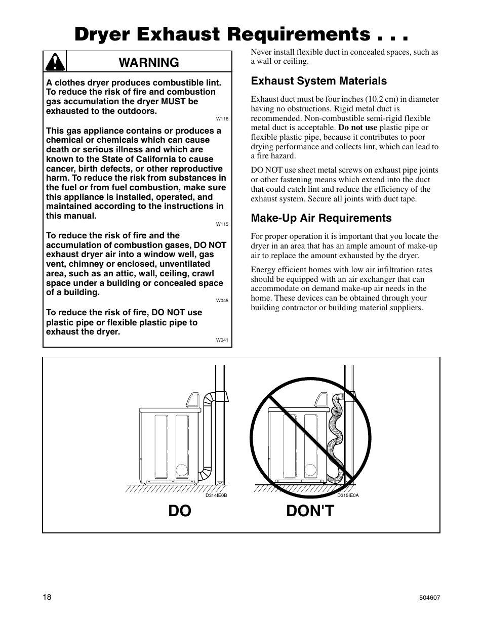 Dryer exhaust requirements, Don't, Warning | Exhaust system materials, Make-up air requirements | Alliance Laundry Systems LES37A User Manual | Page 20 / 52