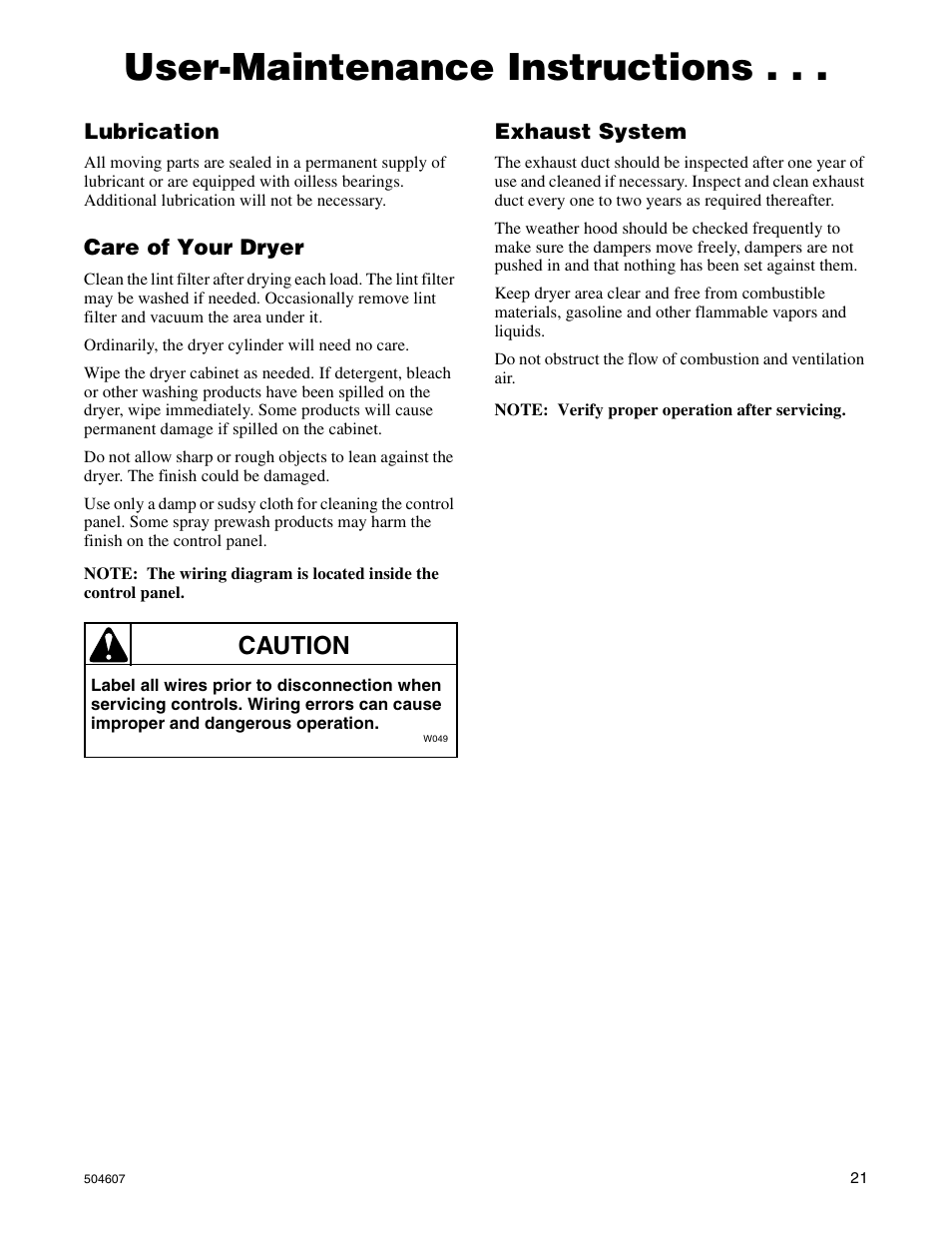 User-maintenance instructions, Caution | Alliance Laundry Systems LES37A User Manual | Page 23 / 52