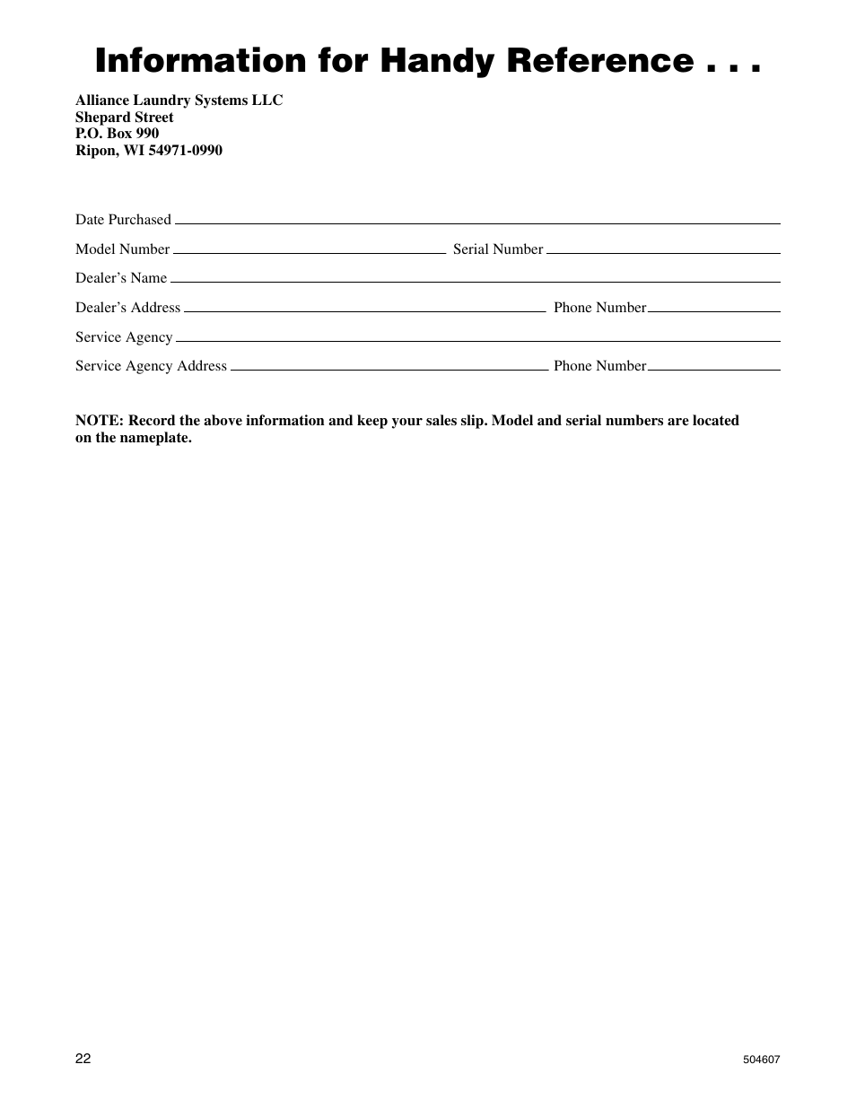 Information for handy reference | Alliance Laundry Systems LES37A User Manual | Page 24 / 52