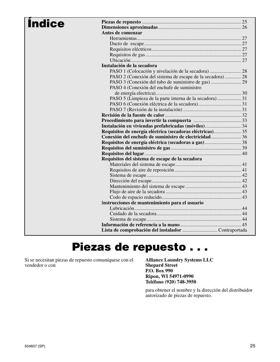Piezas de repuesto, Índice | Alliance Laundry Systems LES37A User Manual | Page 27 / 52