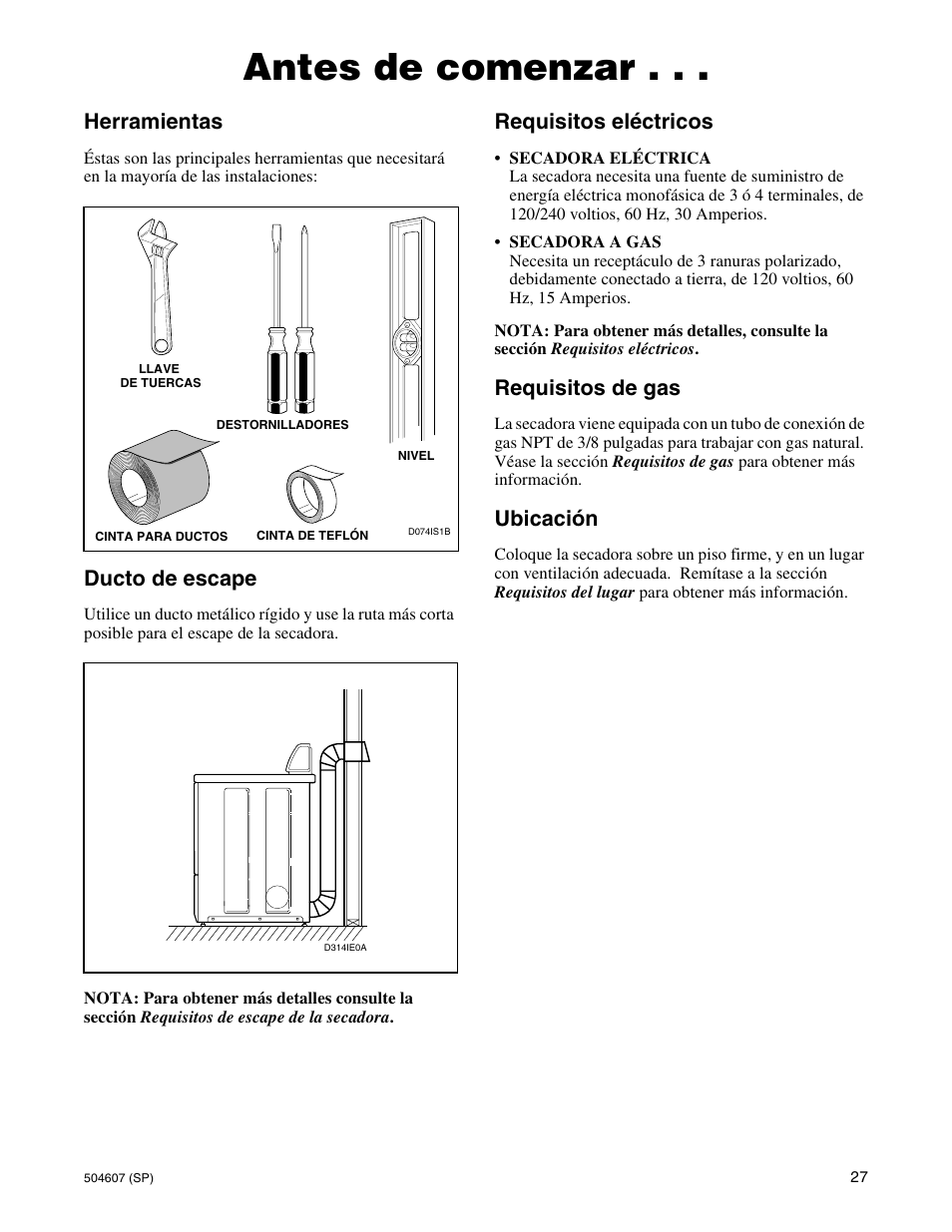 Antes de comenzar, Herramientas, Ducto de escape | Requisitos eléctricos, Requisitos de gas, Ubicación | Alliance Laundry Systems LES37A User Manual | Page 29 / 52