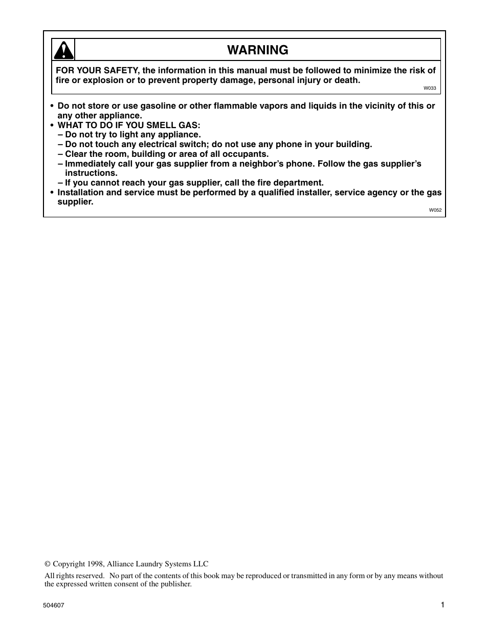 Warning | Alliance Laundry Systems LES37A User Manual | Page 3 / 52