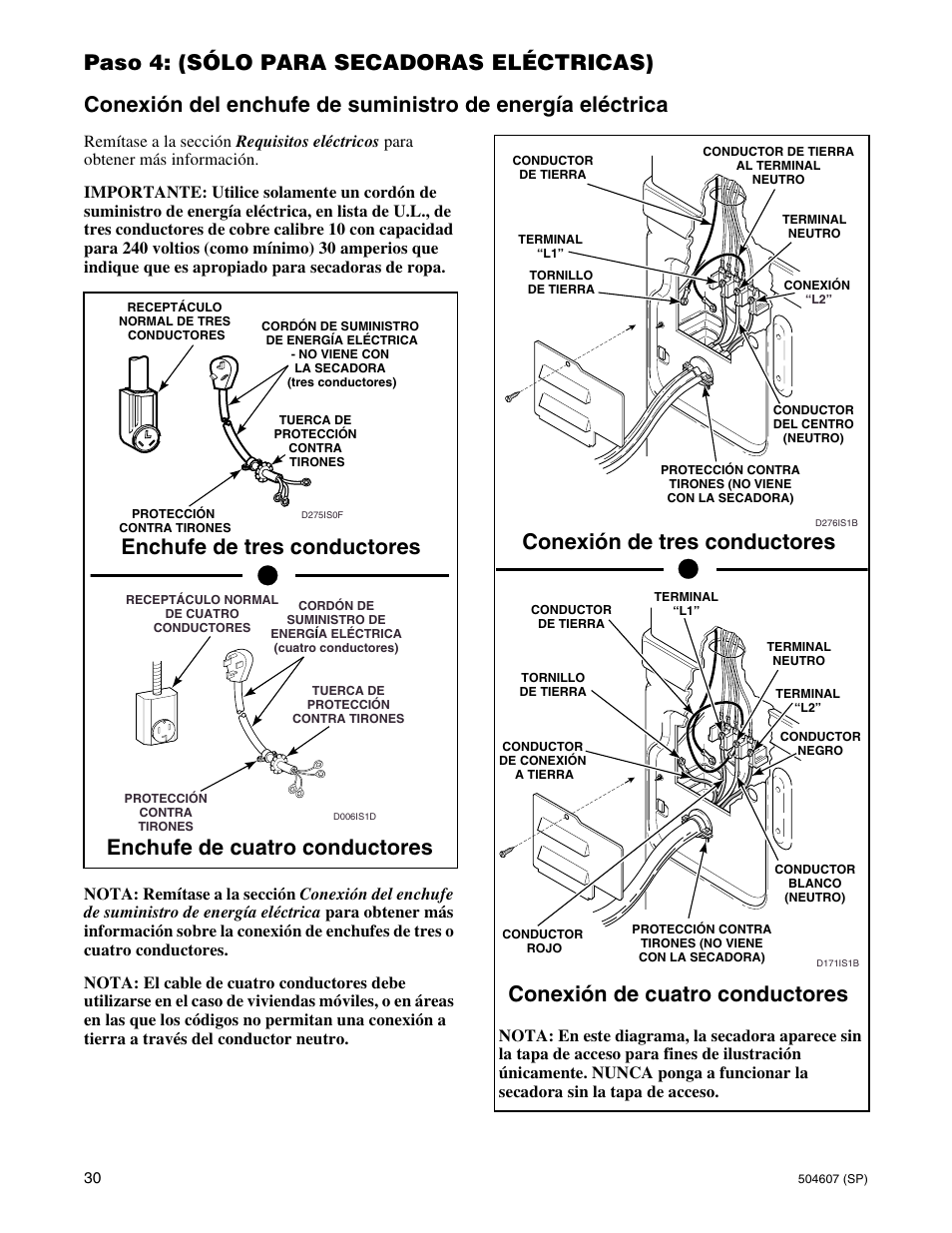 Conexión de tres conductores, Conexión de cuatro conductores | Alliance Laundry Systems LES37A User Manual | Page 32 / 52