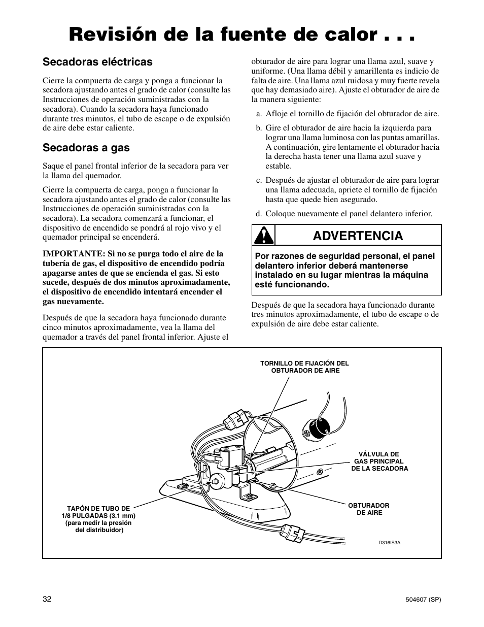 Revisión de la fuente de calor, Advertencia, Secadoras eléctricas | Secadoras a gas | Alliance Laundry Systems LES37A User Manual | Page 34 / 52
