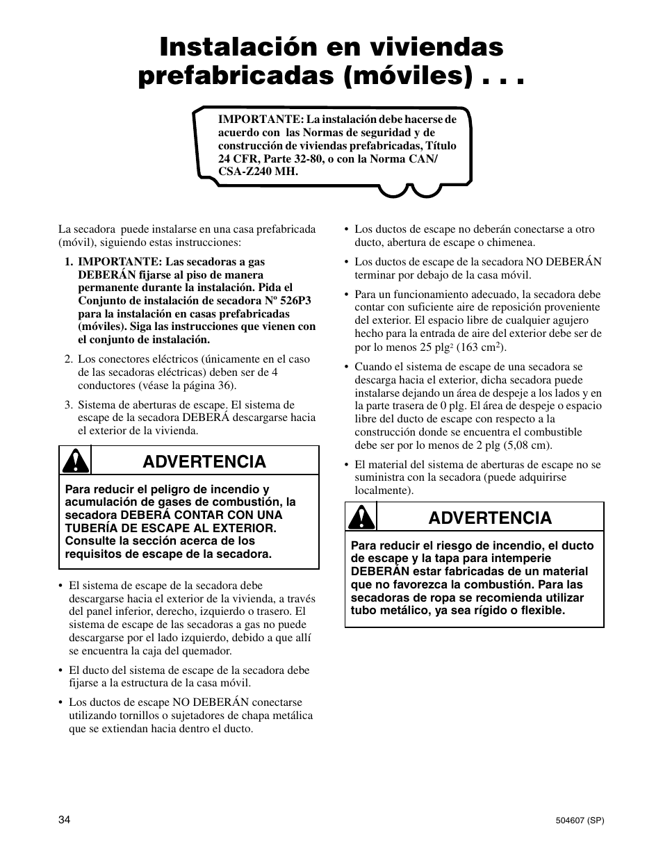 Instalación en viviendas prefabricadas (móviles), Advertencia | Alliance Laundry Systems LES37A User Manual | Page 36 / 52