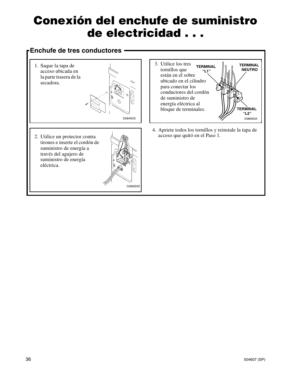 Conexión del enchufe de suministro de electricidad, Enchufe de tres conductores | Alliance Laundry Systems LES37A User Manual | Page 38 / 52
