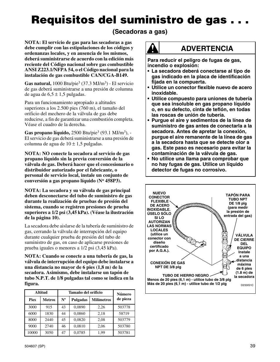 Requisitos del suministro de gas, Advertencia, Secadoras a gas) | Alliance Laundry Systems LES37A User Manual | Page 41 / 52