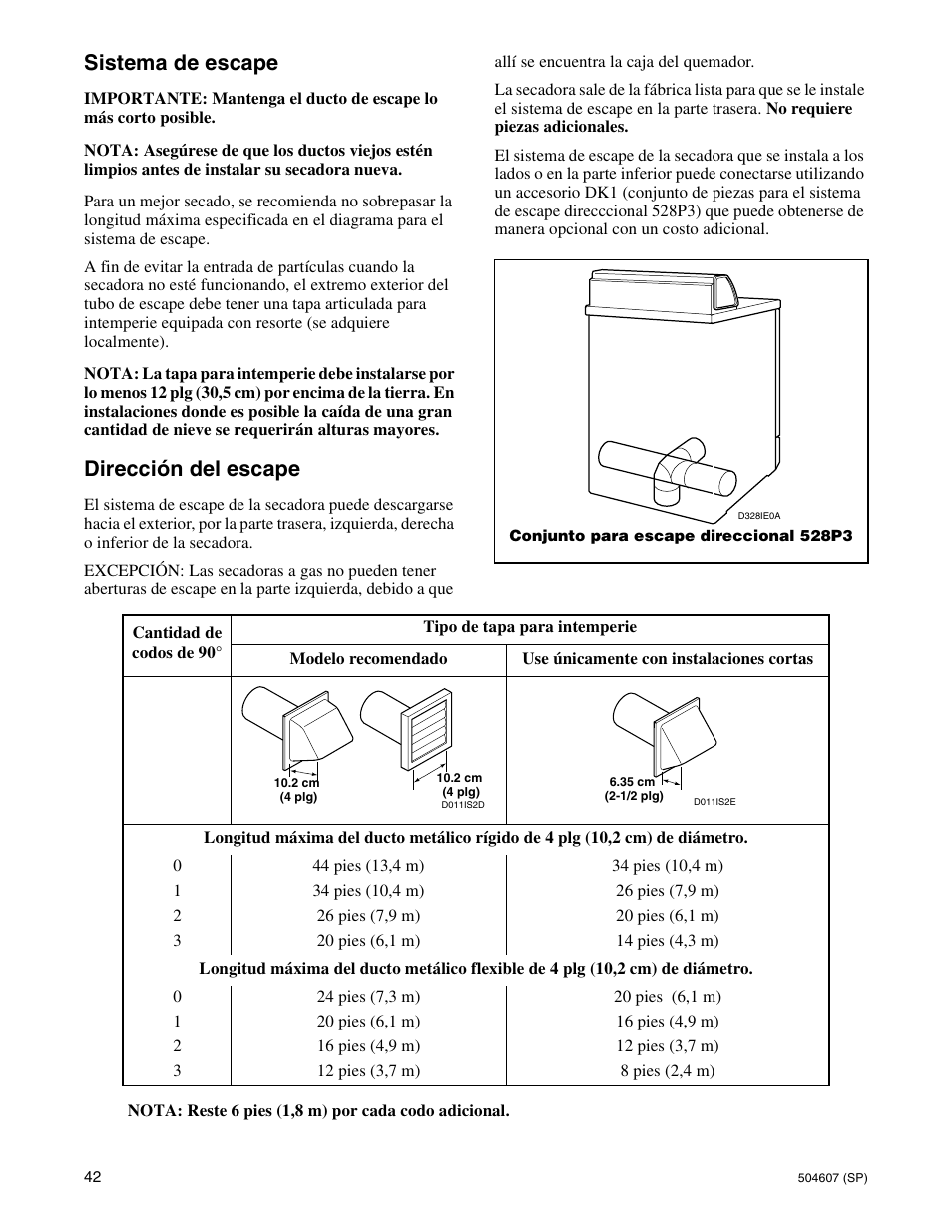 Sistema de escape, Dirección del escape | Alliance Laundry Systems LES37A User Manual | Page 44 / 52