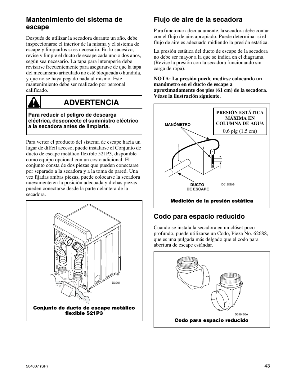 Advertencia, Mantenimiento del sistema de escape, Flujo de aire de la secadora | Codo para espacio reducido | Alliance Laundry Systems LES37A User Manual | Page 45 / 52