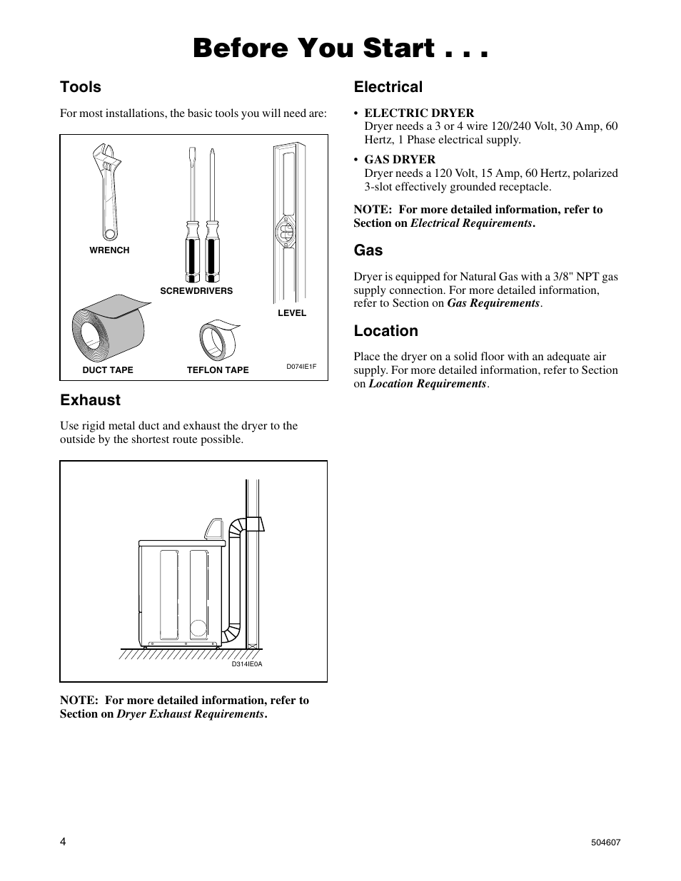 Before you start, Tools, Exhaust | Electrical, Location | Alliance Laundry Systems LES37A User Manual | Page 6 / 52