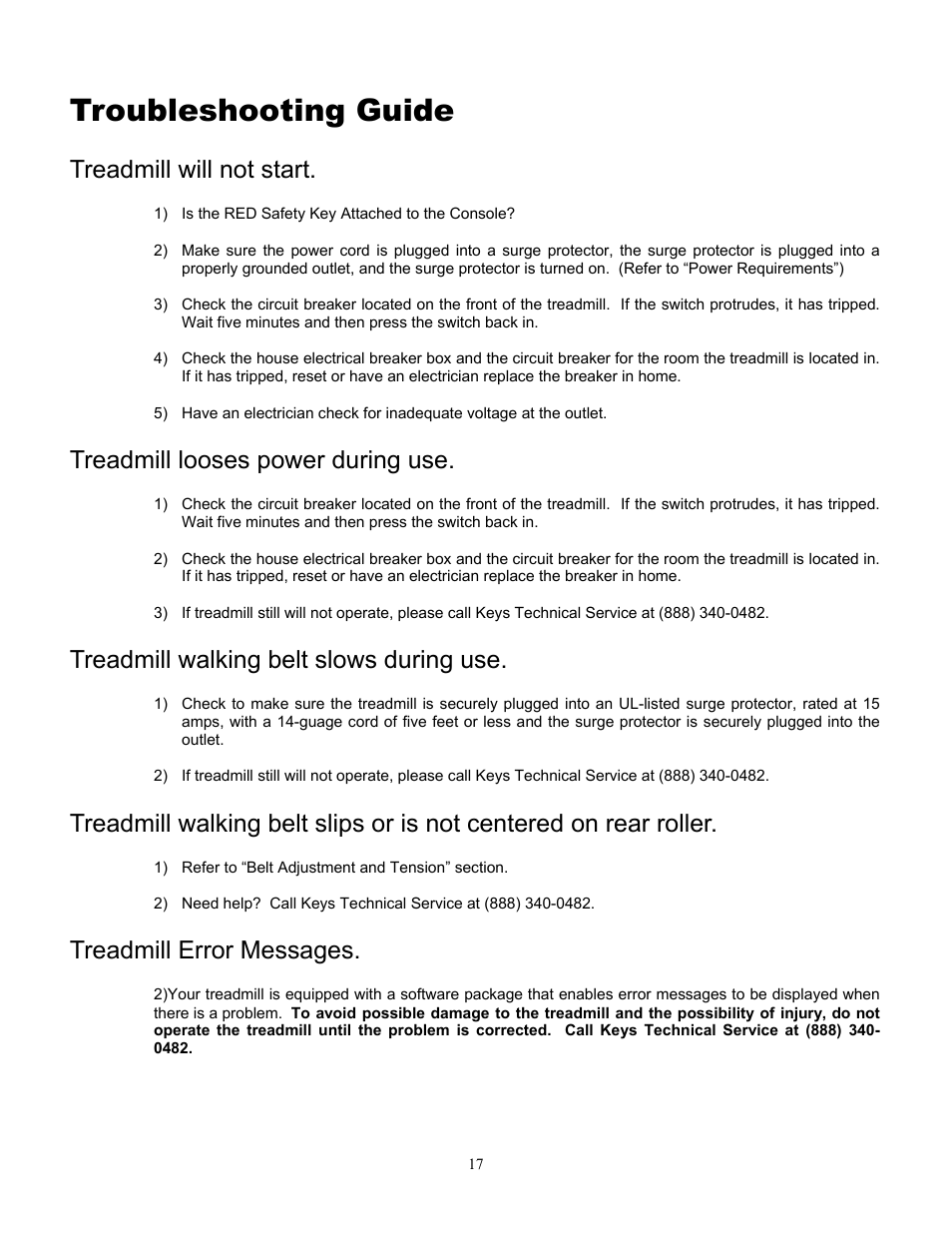 Troubleshooting guide, Treadmill will not start, Treadmill looses power during use | Treadmill walking belt slows during use, Treadmill error messages | Alliance Laundry Systems 815 User Manual | Page 17 / 21