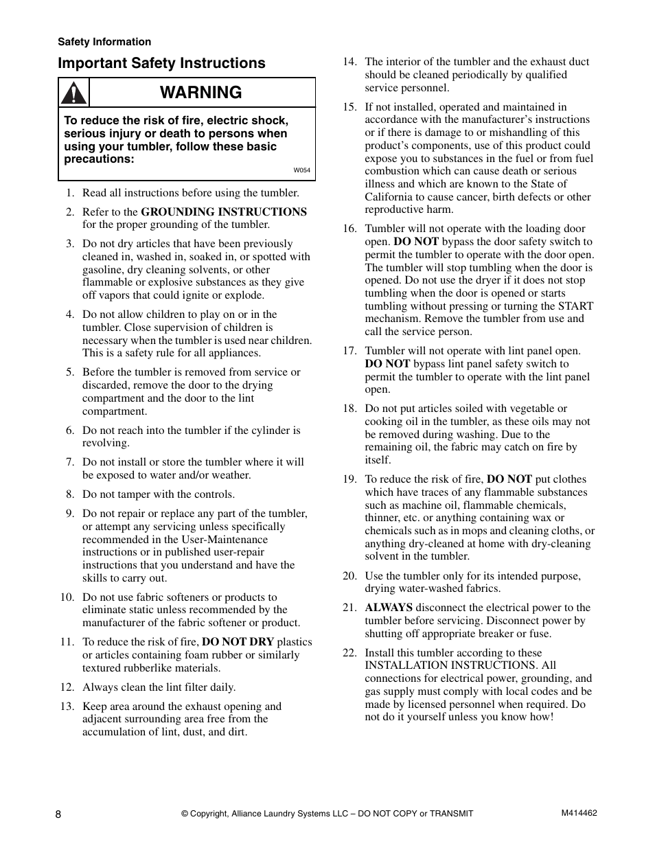 Warning, Important safety instructions | Alliance Laundry Systems T453I User Manual | Page 10 / 68