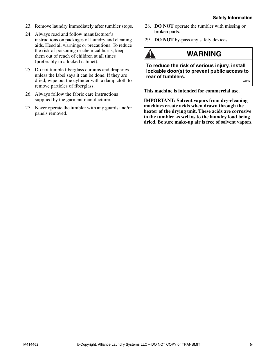 Warning | Alliance Laundry Systems T453I User Manual | Page 11 / 68