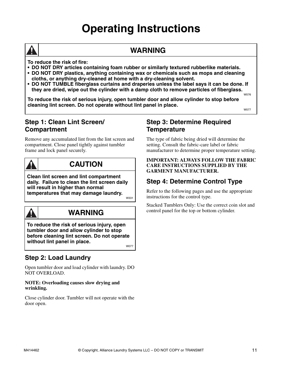 Operating instructions, Warning, Caution | Step 1: clean lint screen/ compartment, Step 2: load laundry, Step 3: determine required temperature, Step 4: determine control type | Alliance Laundry Systems T453I User Manual | Page 13 / 68