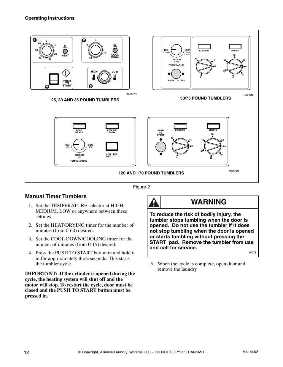 Warning, Manual timer tumblers, Operating instructions | Figure 2 | Alliance Laundry Systems T453I User Manual | Page 14 / 68