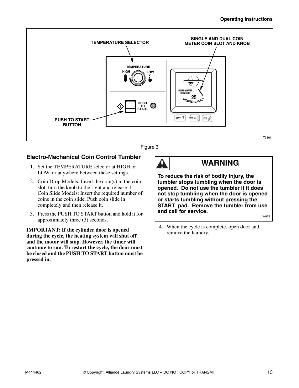 Warning, Electro-mechanical coin control tumbler | Alliance Laundry Systems T453I User Manual | Page 15 / 68