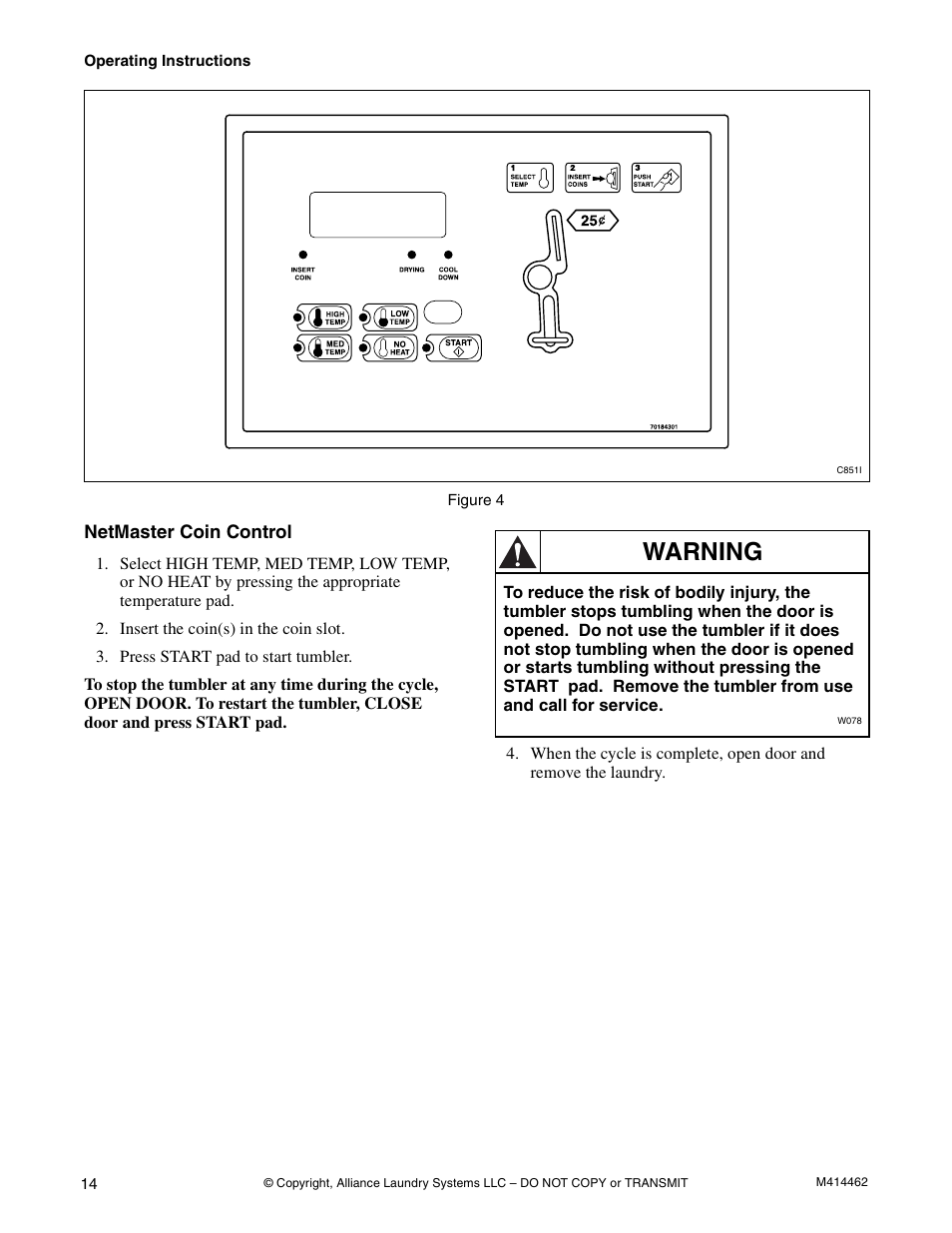 Warning | Alliance Laundry Systems T453I User Manual | Page 16 / 68