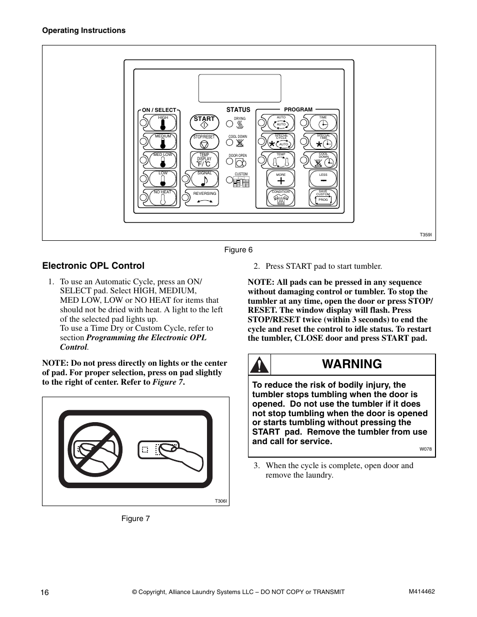 Warning, Electronic opl control | Alliance Laundry Systems T453I User Manual | Page 18 / 68