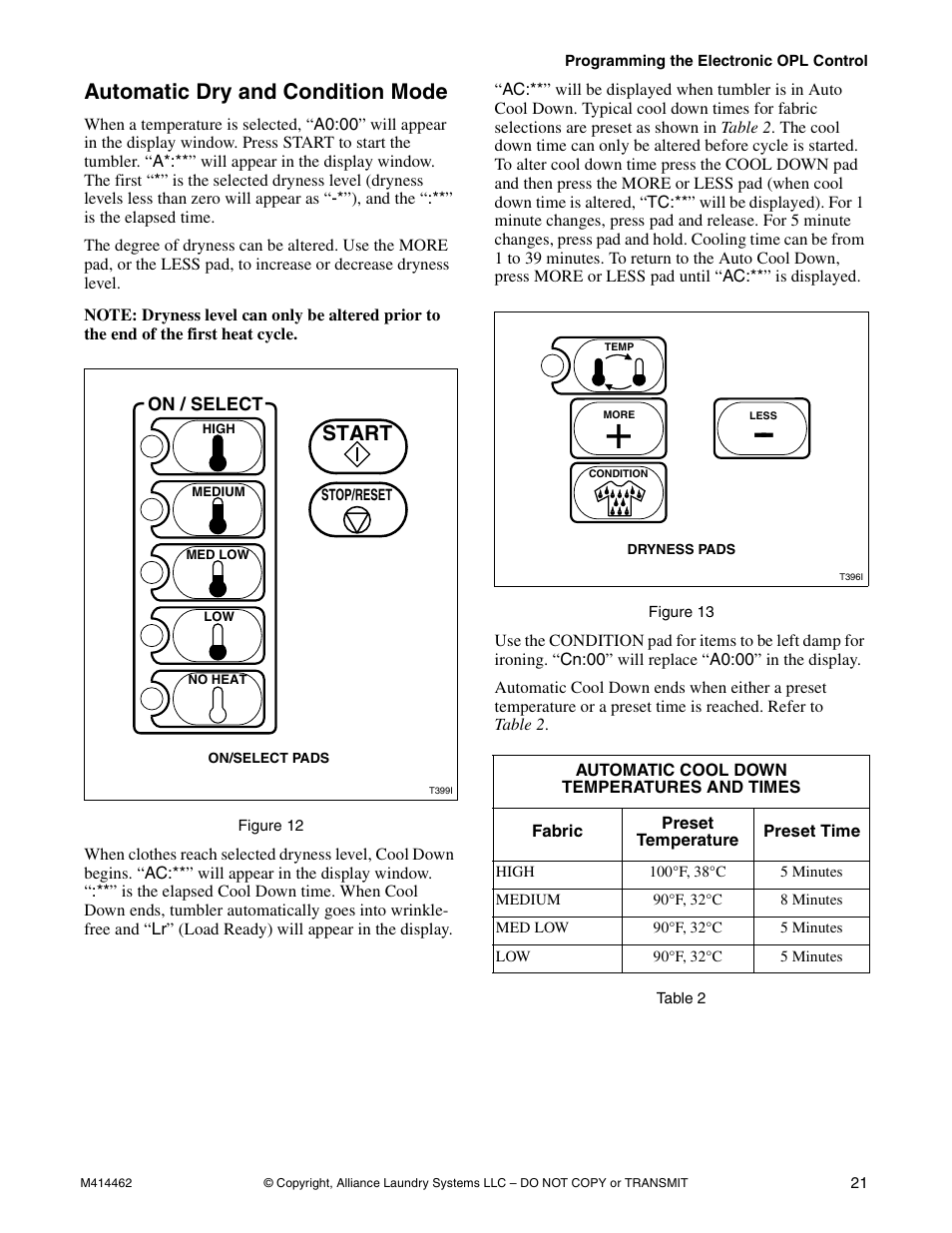 Automatic dry and condition mode, Start | Alliance Laundry Systems T453I User Manual | Page 23 / 68